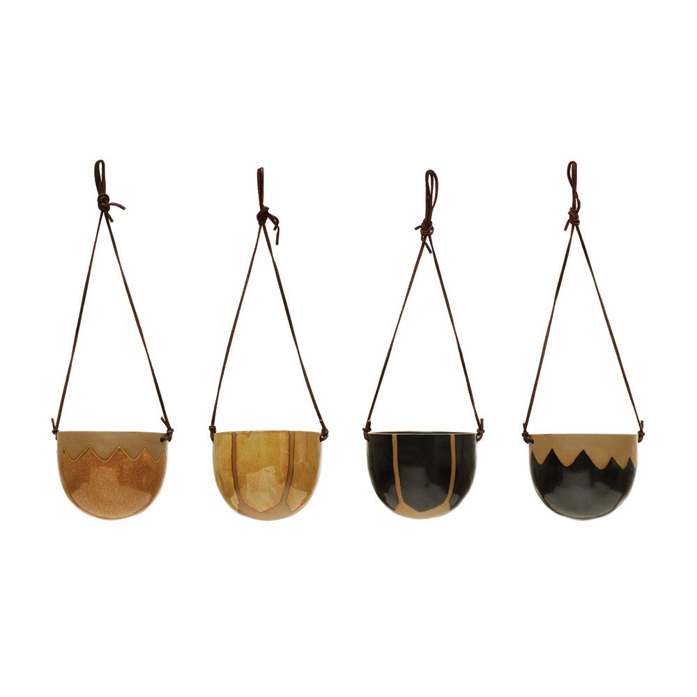 Patterned Hanging Planters with Leather Rope