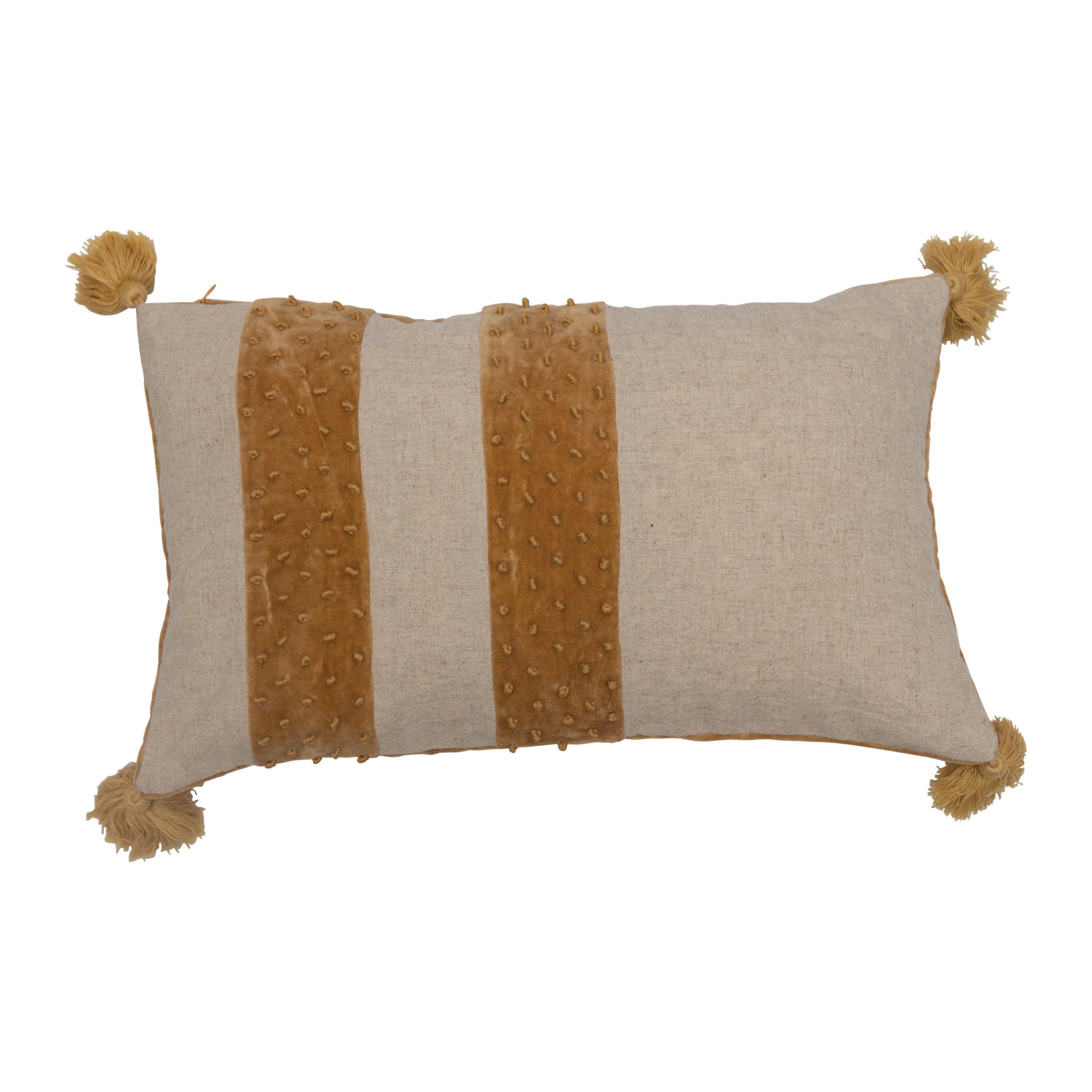 Mustard Lumbar Pillow w/ Velvet Stripes and Tassels