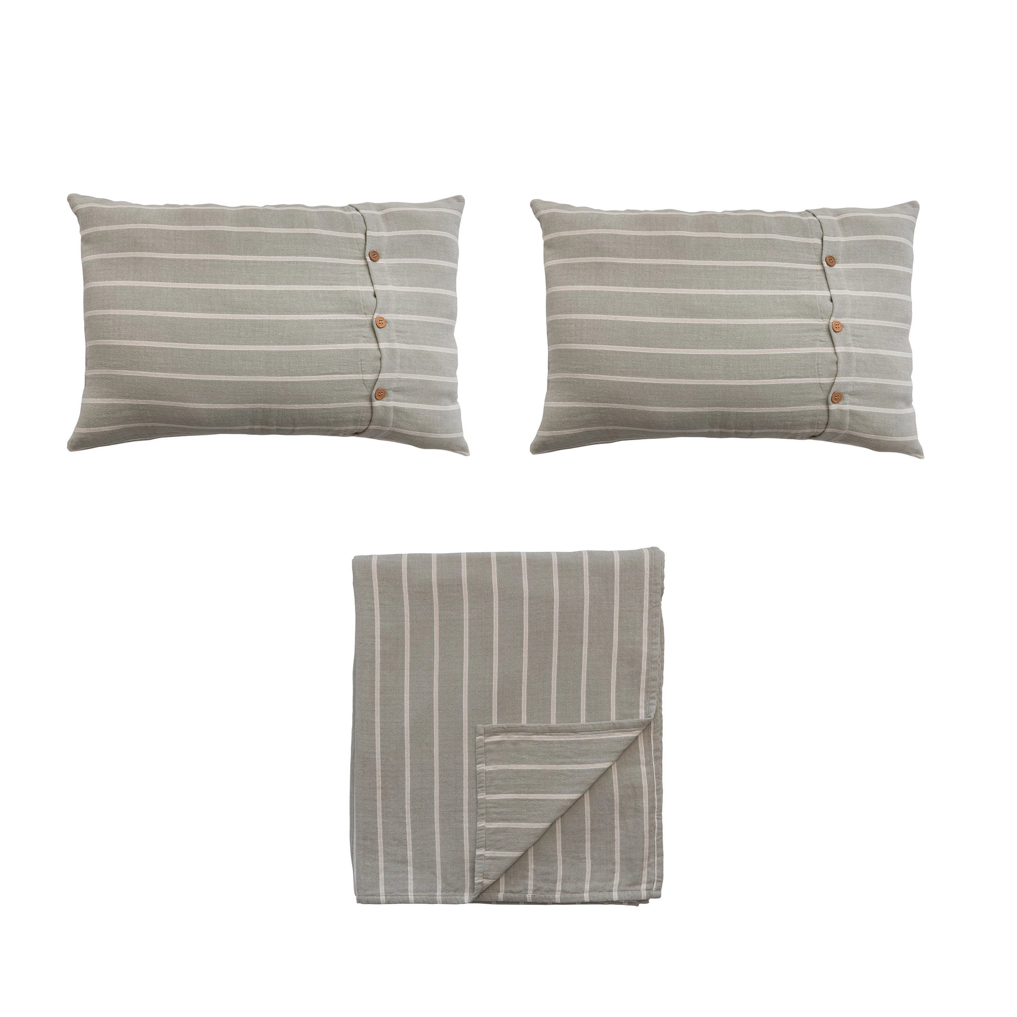 Cream & Grey Striped Queen Coverlet with Shams